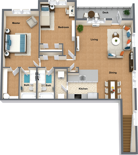 Floor plan for 2 beds, 2 baths, 1310 sqft